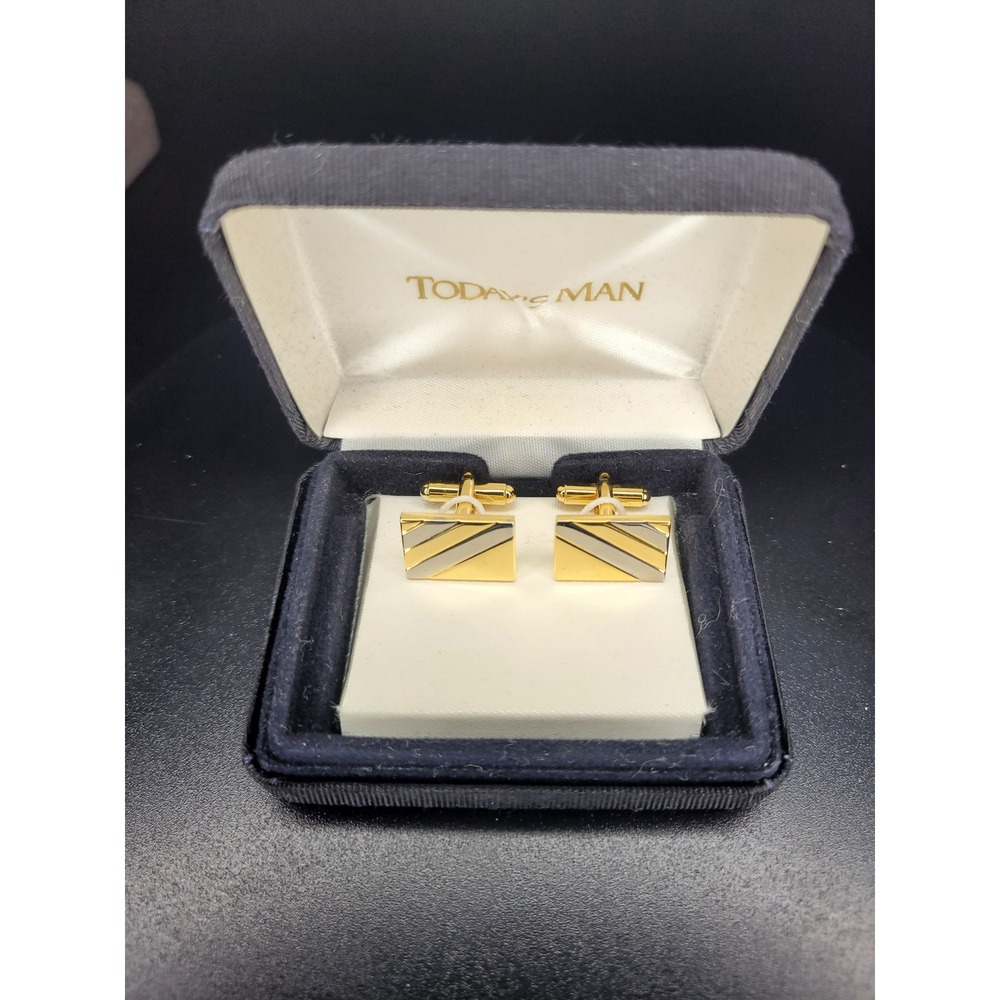 Todays Man Cufflinks Gold Silver Tone Diagonal Striped Rectangular Two-Tone Box